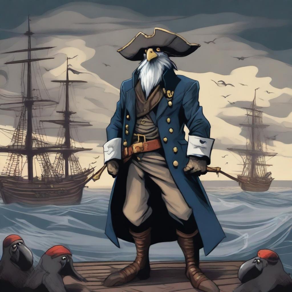 A detailed illustration of a gruff and serious Aarakocra pirate standing on a ship's deck