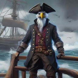 A detailed illustration of a gruff and serious Aarakocra pirate standing on a ship's deck