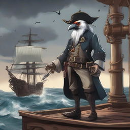 A detailed illustration of a gruff and serious Aarakocra pirate standing on a ship's deck