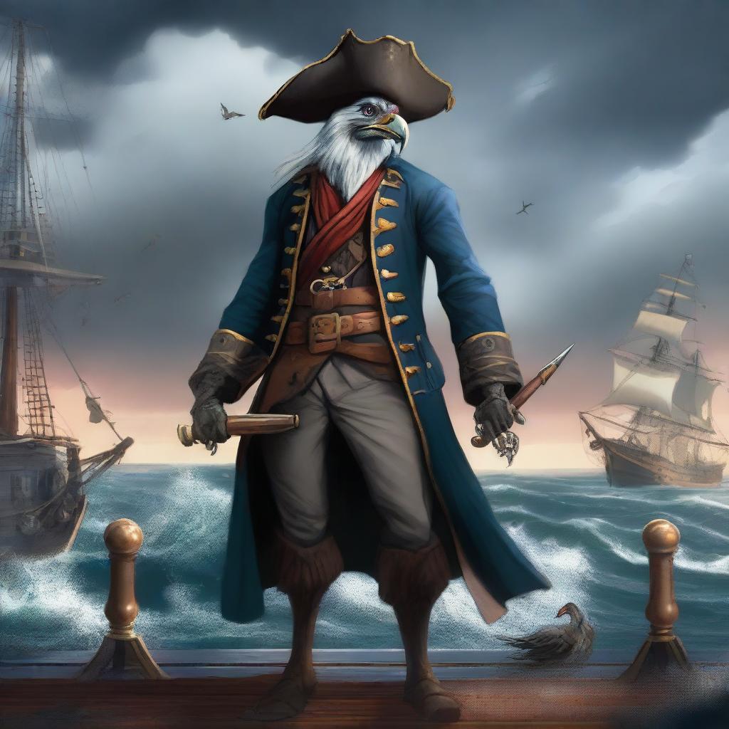 A detailed illustration of an Aarakocra pirate standing on a ship's deck