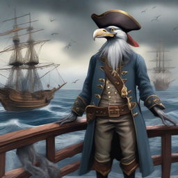 A detailed illustration of an Aarakocra pirate standing on a ship's deck