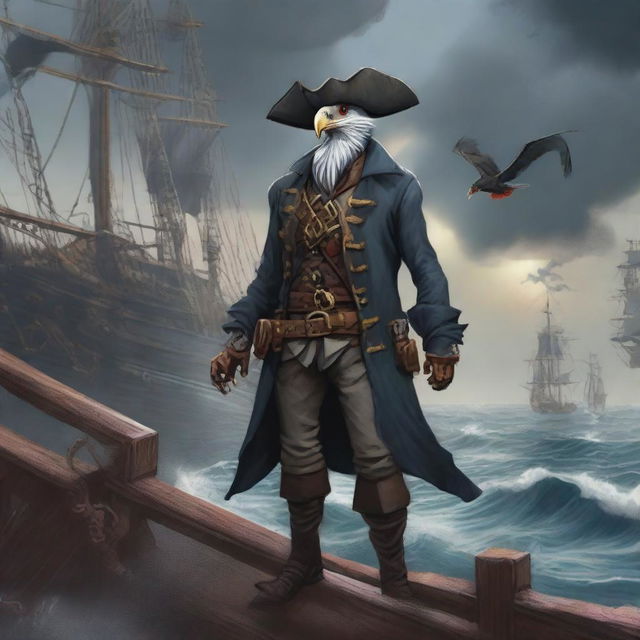 A detailed illustration of an Aarakocra pirate standing on a ship's deck