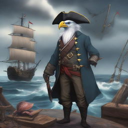 A detailed illustration of an Aarakocra pirate standing on a ship's deck