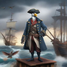 A detailed illustration of an Aarakocra pirate standing on a ship's deck