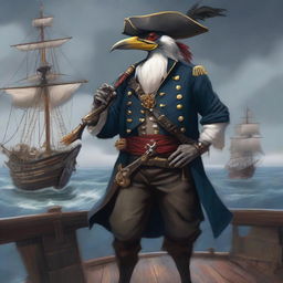 A detailed illustration of an Aarakocra pirate standing on a ship's deck