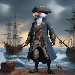 A detailed illustration of an Aarakocra pirate standing on a ship's deck