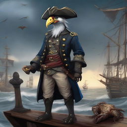 A detailed illustration of an Aarakocra pirate standing on a ship's deck