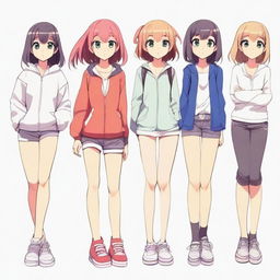 Create an image of anime-style girls with a variety of body types, focusing on fuller figures