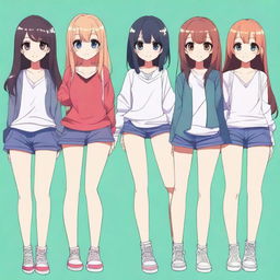 Create an image of anime-style girls with a variety of body types, focusing on fuller figures