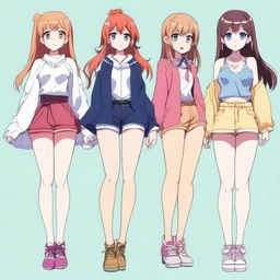 Create an image of anime-style girls with a variety of body types, focusing on fuller figures