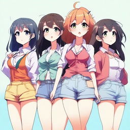 Create an image of anime-style girls with a variety of body types, focusing on fuller figures