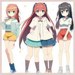 Create an image of anime-style girls with a variety of body types, focusing on fuller figures