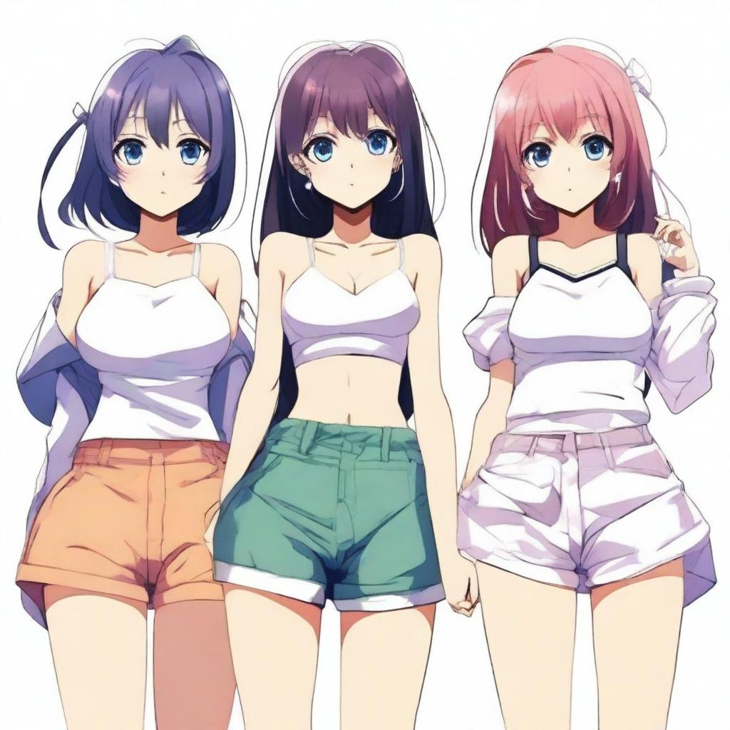 Create an image of anime-style girls with a variety of body types, focusing on fuller figures