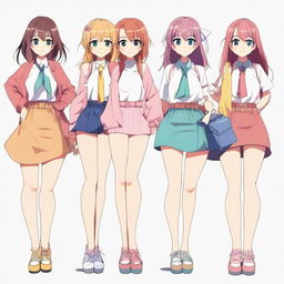 Create an image of anime-style girls with a variety of body types, focusing on fuller figures