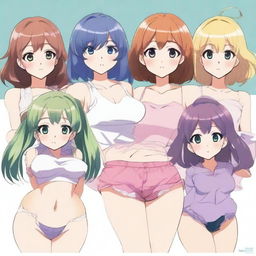 Create an image of anime-style girls with a variety of body types, focusing on fuller figures