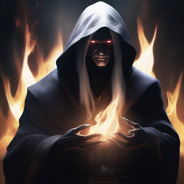 A dark elf man with white hair and no beard, wearing a black robe and a hood