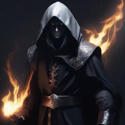 A dark elf man with white hair and no beard, wearing a black robe and a hood