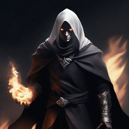 A dark elf man with white hair and no beard, wearing a black robe and a hood