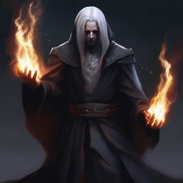 A dark elf man with white hair and no beard, wearing a black robe and a hood