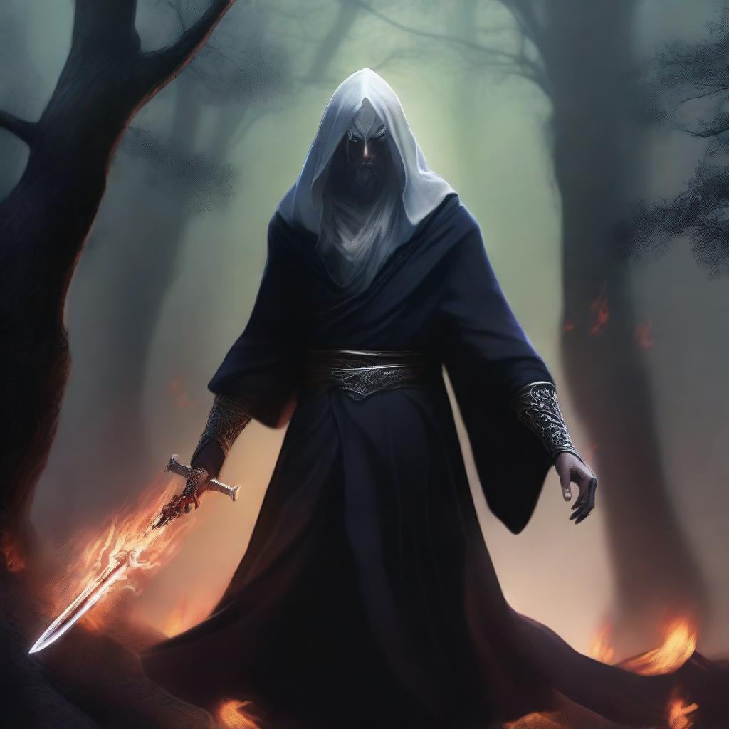 A dark elf man with white hair and no beard, wearing a black robe and a hood