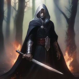 A dark elf man with white hair and no beard, wearing a black robe and a hood