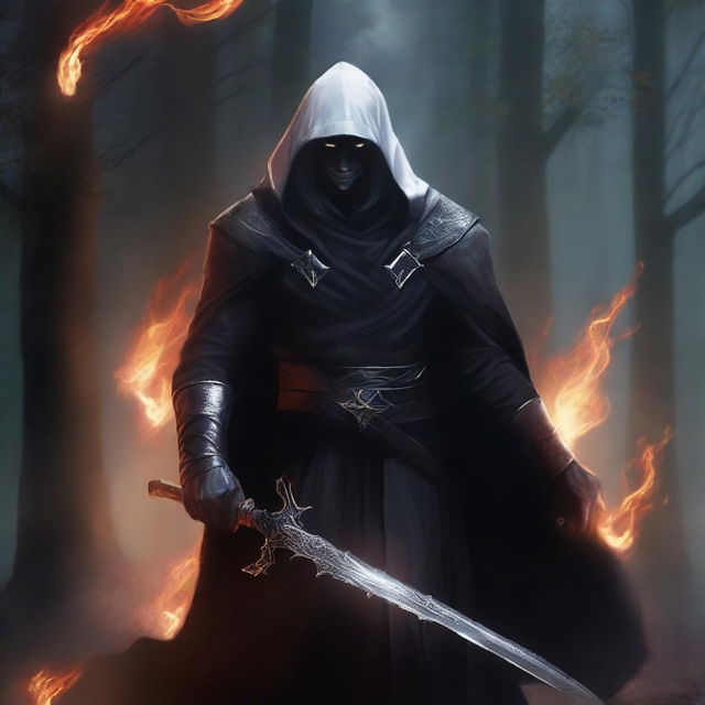 A dark elf man with white hair and no beard, wearing a black robe and a hood