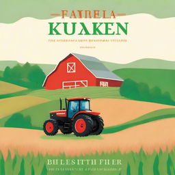 A vibrant book cover for a farming book, featuring a picturesque countryside scene with lush green fields, a red barn, and a tractor