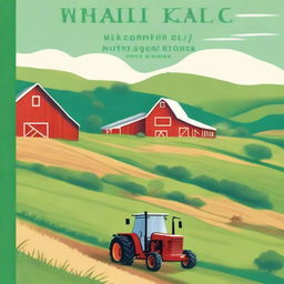 A vibrant book cover for a farming book, featuring a picturesque countryside scene with lush green fields, a red barn, and a tractor