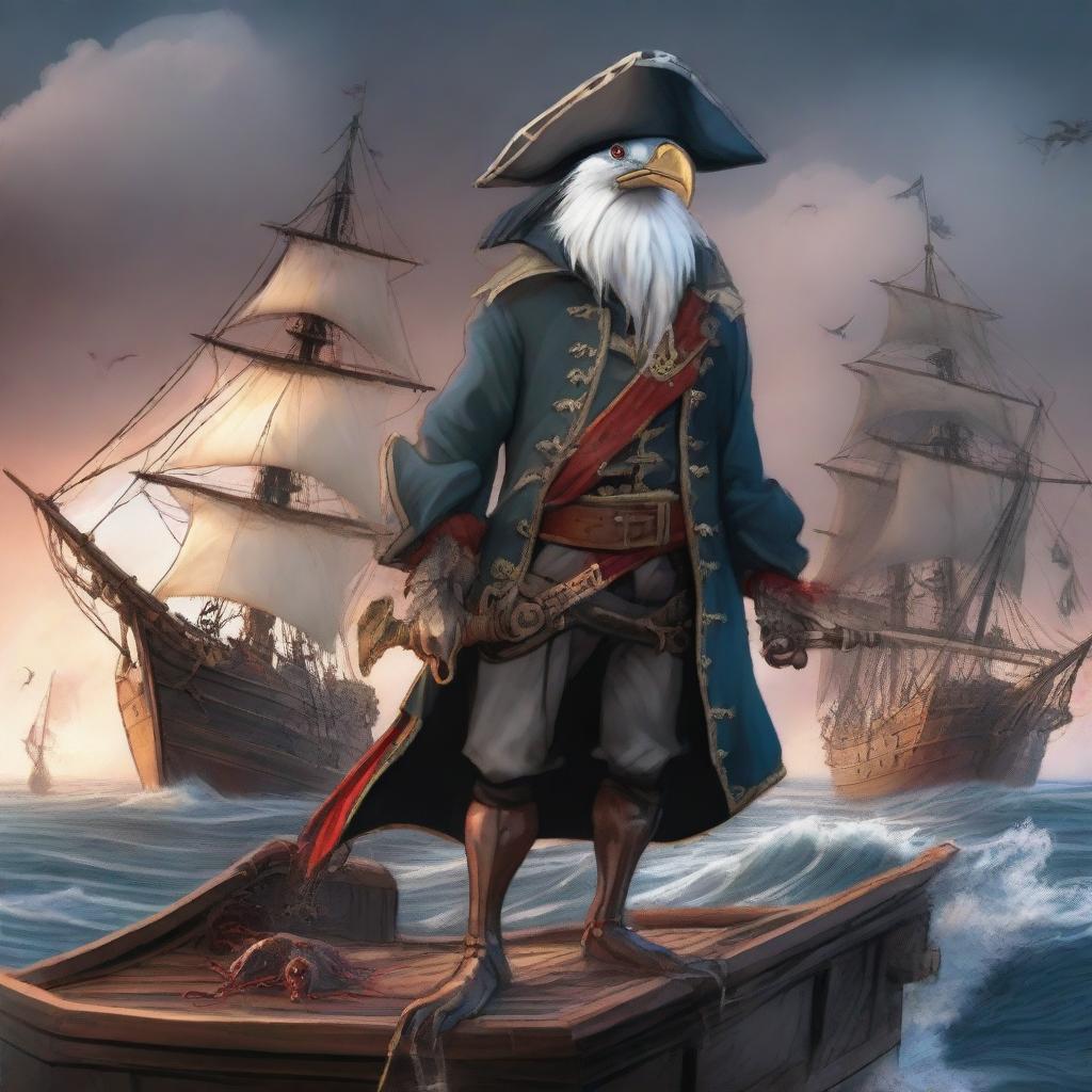 A detailed illustration of an Aarakocra pirate standing on a ship's deck