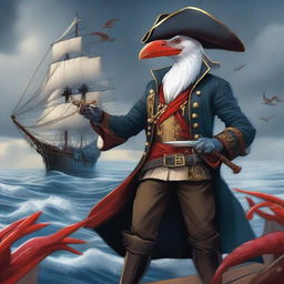 A detailed illustration of an Aarakocra pirate standing on a ship's deck