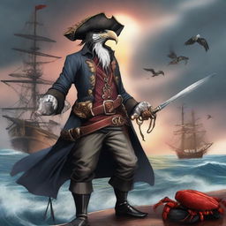 A detailed illustration of an Aarakocra pirate standing on a ship's deck