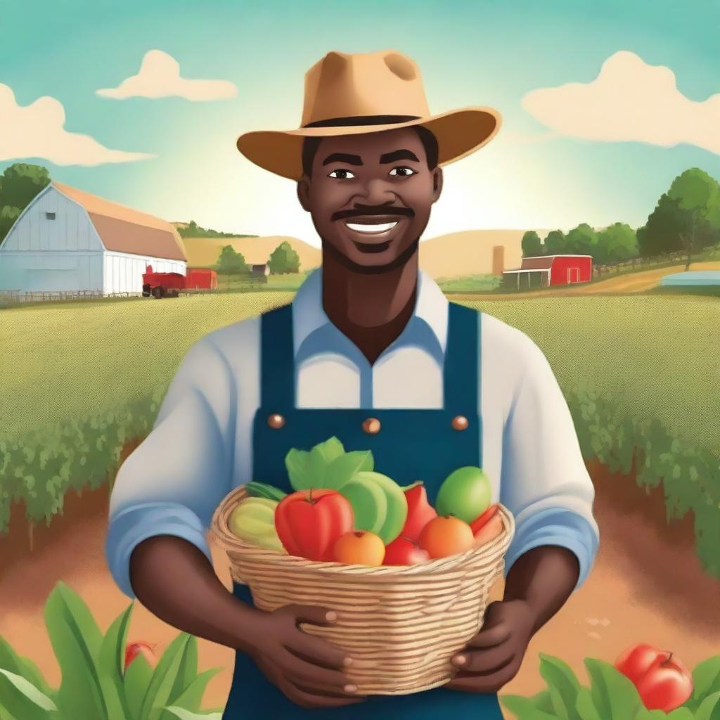 Create a book cover for a farming book featuring a black farmer