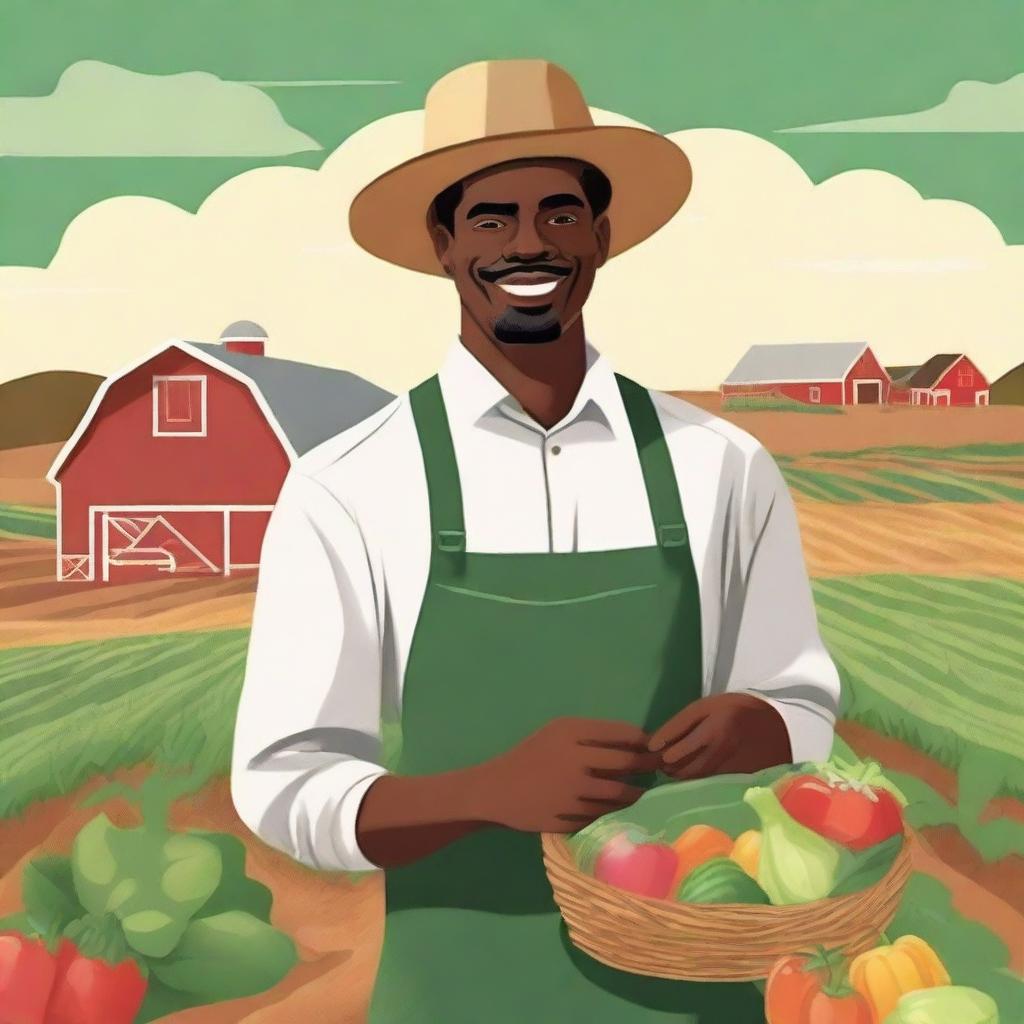 Create a book cover for a farming book featuring a black farmer