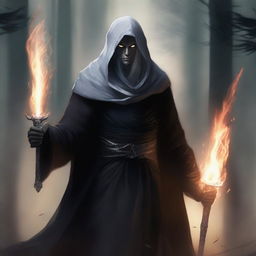 A dark elf man with white hair and no beard, wearing a black robe and a white hood