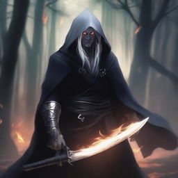 A dark elf man with white hair and no beard, wearing a black robe and a white hood