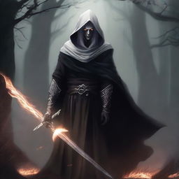 A dark elf man with white hair and no beard, wearing a black robe and a white hood