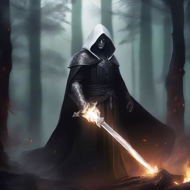 A dark elf man with white hair and no beard, wearing a black robe and a white hood