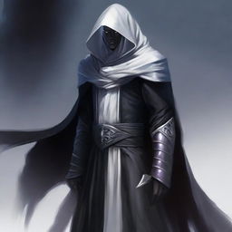 A dark elf man with white hair and no beard, wearing a black robe and a white hood