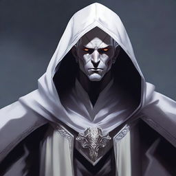 A dark elf man with white hair and no beard, wearing a black robe and a white hood