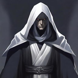 A dark elf man with white hair and no beard, wearing a black robe and a white hood