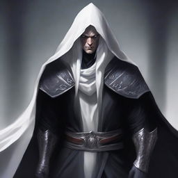 A dark elf man with white hair and no beard, wearing a black robe and a white hood