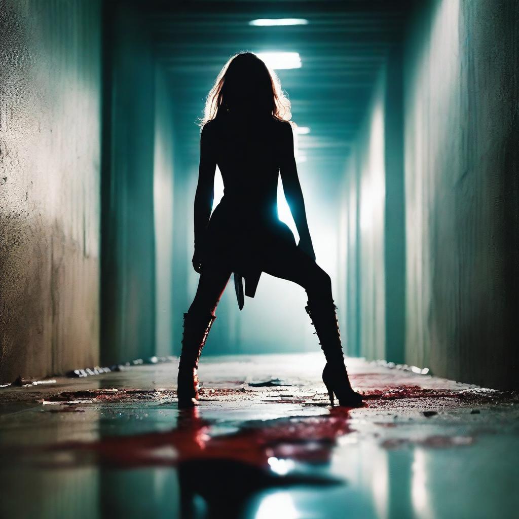 Create a movie poster featuring blood-stained high heel boots of a superhero laying on the floor in the foreground of a dark, dimly lit industrial hallway
