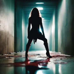 Create a movie poster featuring blood-stained high heel boots of a superhero laying on the floor in the foreground of a dark, dimly lit industrial hallway