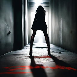 Create a movie poster featuring blood-stained high heel boots of a superhero laying on the floor in the foreground of a dark, dimly lit industrial hallway