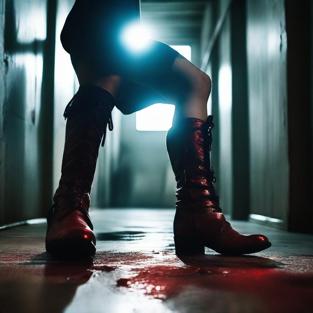 Create a movie poster featuring blood-stained high heel boots of a superhero laying on the floor in the foreground of a dark, dimly lit industrial hallway