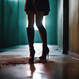 Create a movie poster featuring blood-stained high heel boots of a superhero laying on the floor in the foreground of a dark, dimly lit industrial hallway