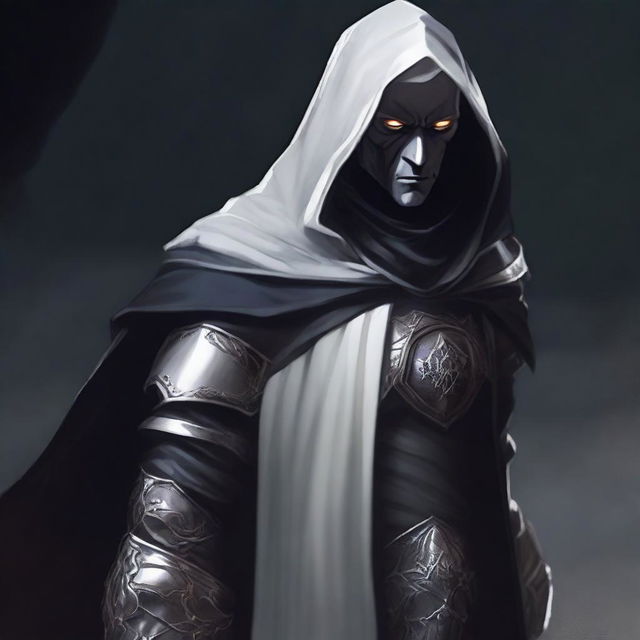 A dark elf man with white hair and no beard, wearing a black robe and a white hood