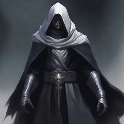 A dark elf man with white hair and no beard, wearing a black robe and a white hood