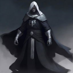 A dark elf man with white hair and no beard, wearing a black robe and a white hood