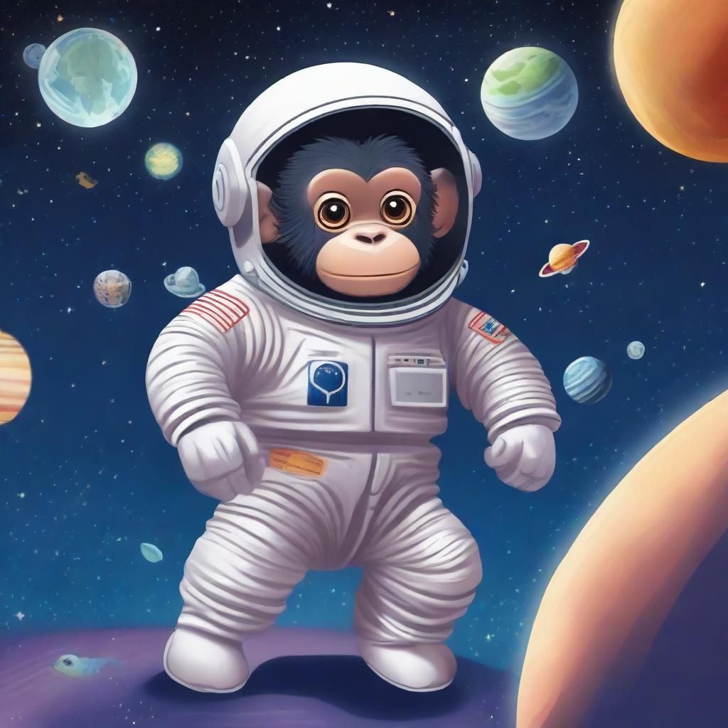 A chimpanzee named Bean Michael floating in space, wearing an astronaut suit